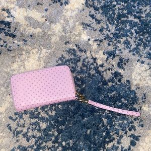 Purple and gold polka dot wristlet